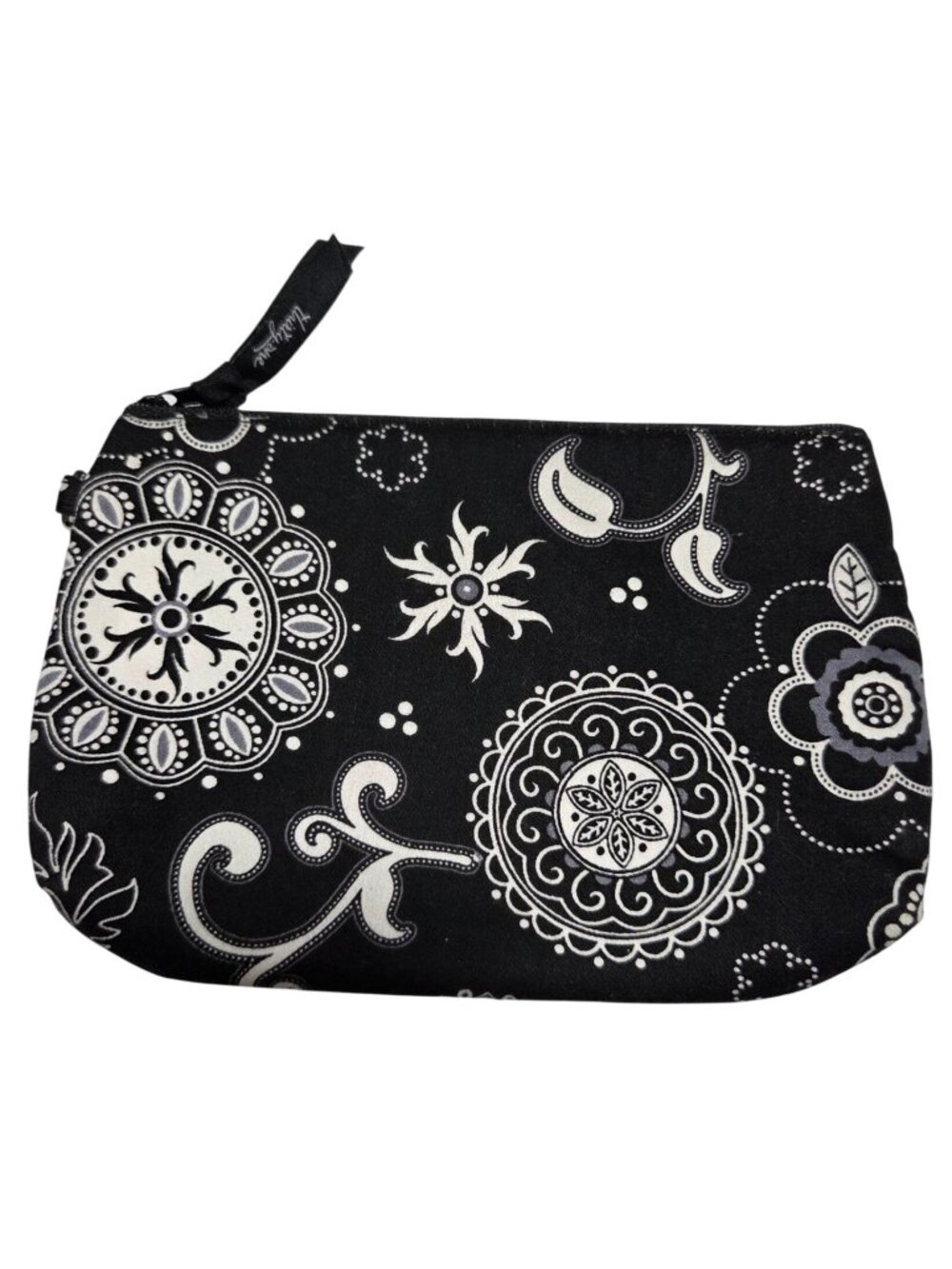 Thirty One Makeup Bag Cosmetic Pouch Black White Floral Zipper Striped Interior